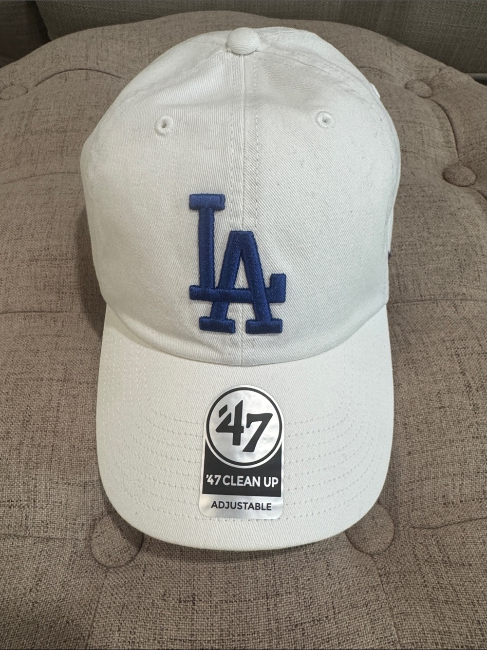 47 Clean Up White Adjustable Baseball Cap with Blue LA Logo